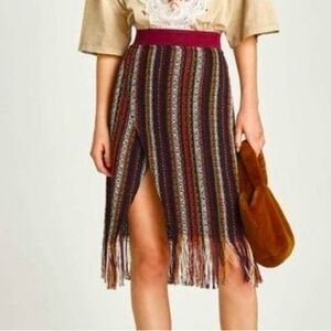 Zara Woven Striped Multicolor Fringe Wrapped Midi Skirt Slit side‎ Size S